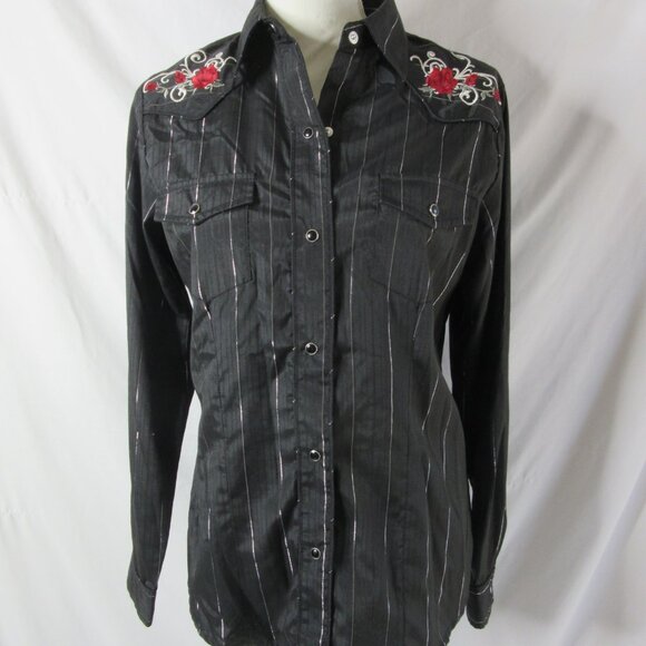 Roper Vintage Western Shirt Snap Black Silver Metallic Stripes Roses Size Medium - Picture 10 of 12